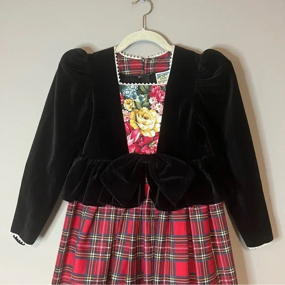 Vintage Daisy Kingdom Tartan Plaid Floral Velvet Holiday Dress Kids